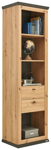 Holzregal mit mehreren Fächern, Büchern, einem Globus und Schubladen, seitliche Perspektive