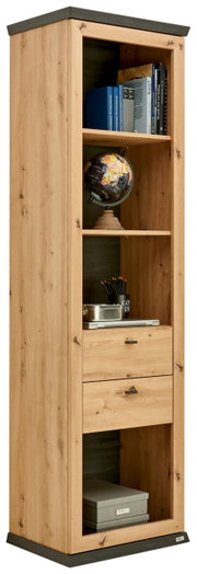 Holzregal mit mehreren Fächern, Büchern, einem Globus und Schubladen, seitliche Perspektive