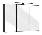 Moderner Spiegelschrank mit drei Türen und integrierter Beleuchtung, seitliche Perspektive