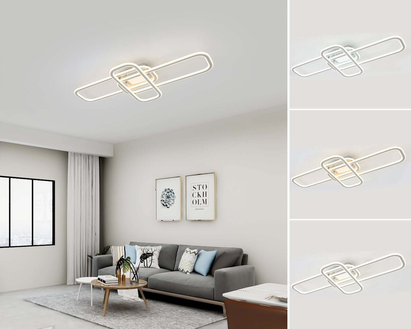 Moderne LED-Deckenleuchte in Weiß mit überlappenden rechteckigen Lichtrahmen, warmweiß leuchtend, in Wohnzimmermontage – Perspektive: schräg von unten auf die Decke (Untersicht)