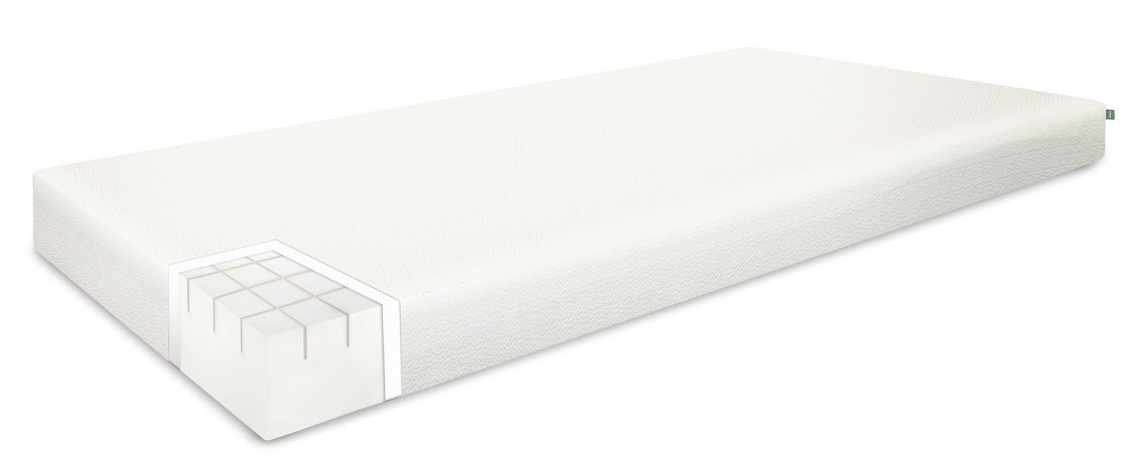Schaummatratze in seitlicher Perspektive mit sichtbarem Querschnitt