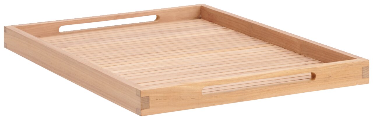 Holz-Serviertablett mit Griffen, seitliche Perspektive