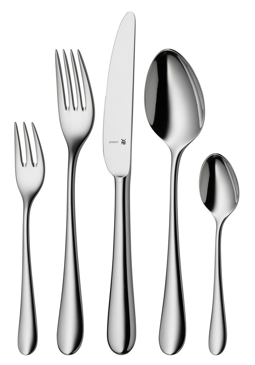Elegantes Besteckset Merit 66-tlg. aus Edelstahl, bestehend aus Gabel, Messer, Esslöffel, Dessertgabel und Teelöffel, in Frontalansicht.