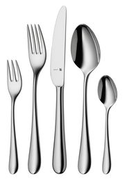 Elegantes Besteckset Merit 66-tlg. aus Edelstahl, bestehend aus Gabel, Messer, Esslöffel, Dessertgabel und Teelöffel, in Frontalansicht.