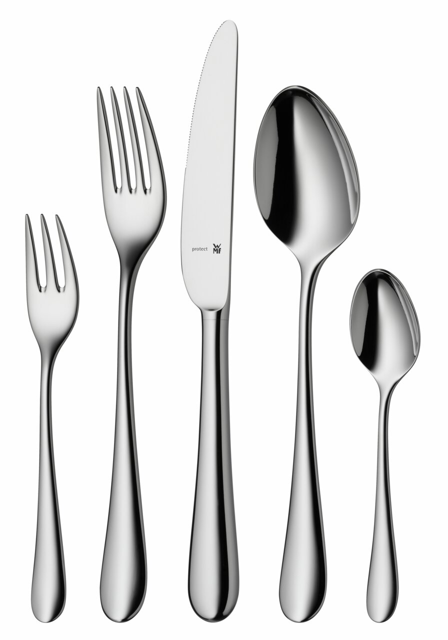 Elegantes Besteckset Merit 66-tlg. aus Edelstahl, bestehend aus Gabel, Messer, Esslöffel, Dessertgabel und Teelöffel, in Frontalansicht.