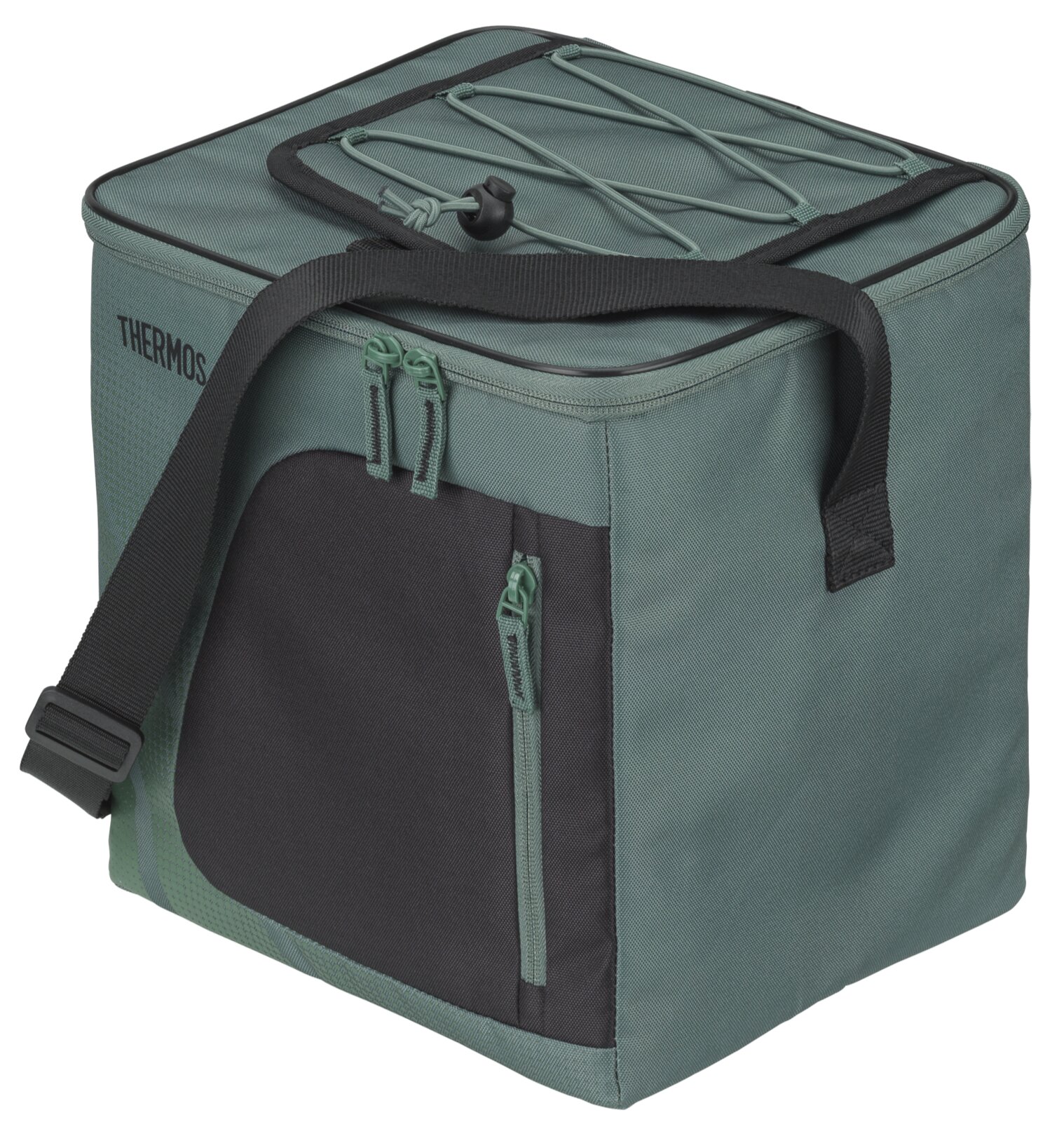 Grüne Thermos-Kühltasche mit schwarzem, verstellbarem Schultergurt, Reißverschlussfächern und elastischer Kordel auf dem Deckel, in schräger Vorderansicht von oben
