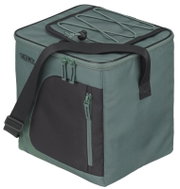 Grüne Thermos-Kühltasche mit schwarzem, verstellbarem Schultergurt, Reißverschlussfächern und elastischer Kordel auf dem Deckel, in schräger Vorderansicht von oben