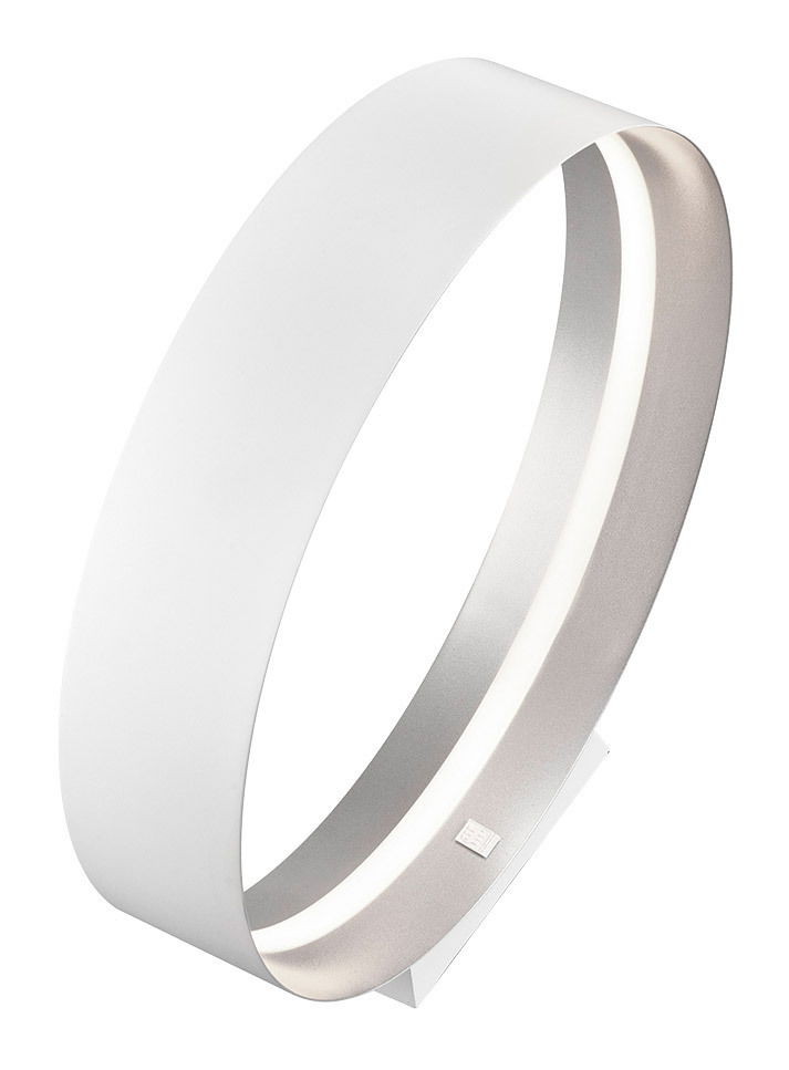 Moderne Tischleuchte LOOP in seitlicher Perspektive mit elegantem, ringförmigem Design und integriertem LED-Licht.