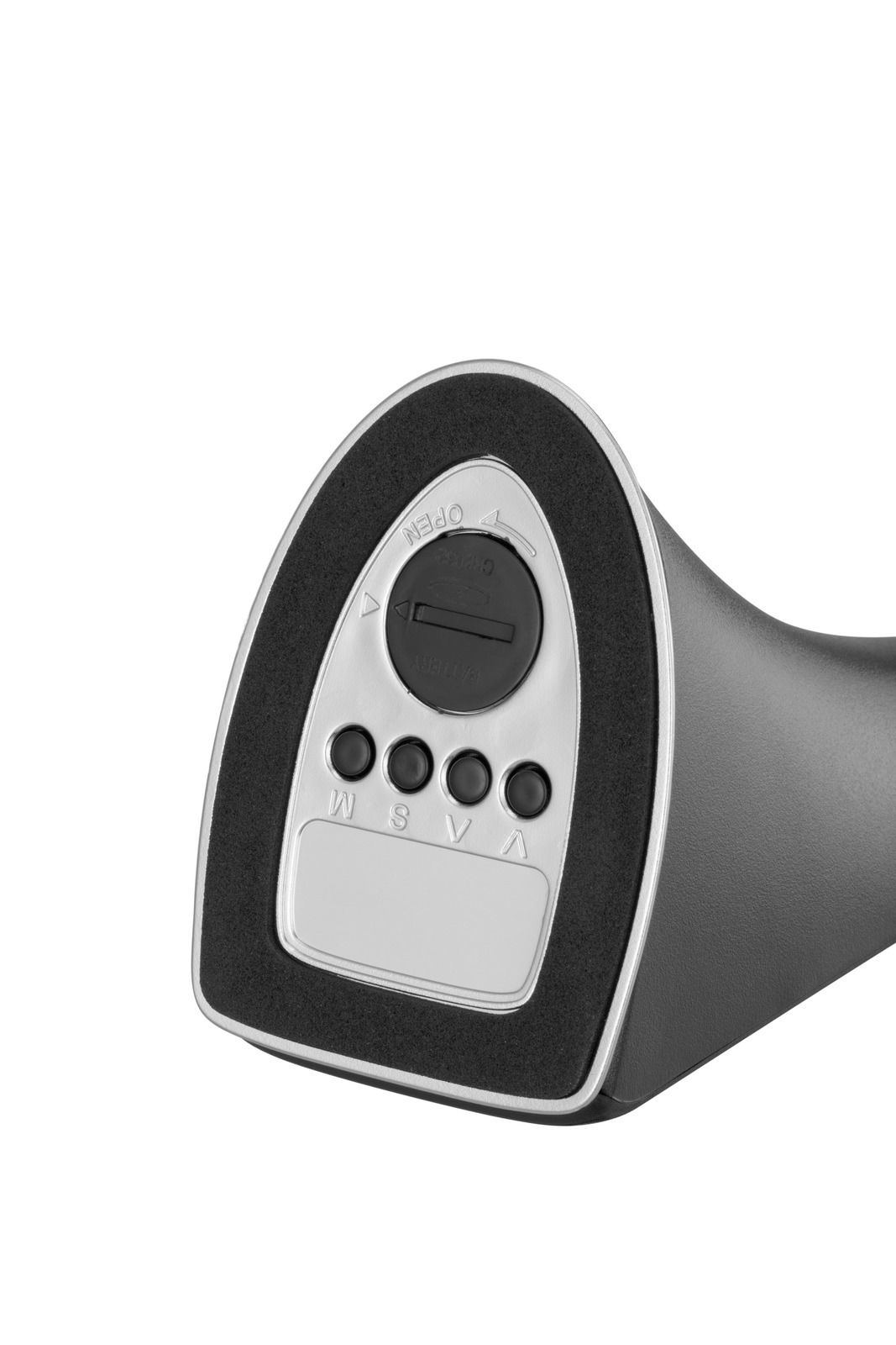 Nahaufnahme der Unterseite einer LED-Schreibtischleuchte mit Bedienelementen und Batteriefach, seitliche Perspektive