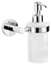 Wandmontierter Seifenspender aus Chrom und Glas, seitliche Perspektive