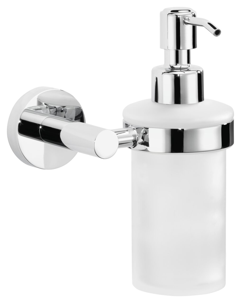 Wandmontierter Seifenspender aus Chrom und Glas, seitliche Perspektive