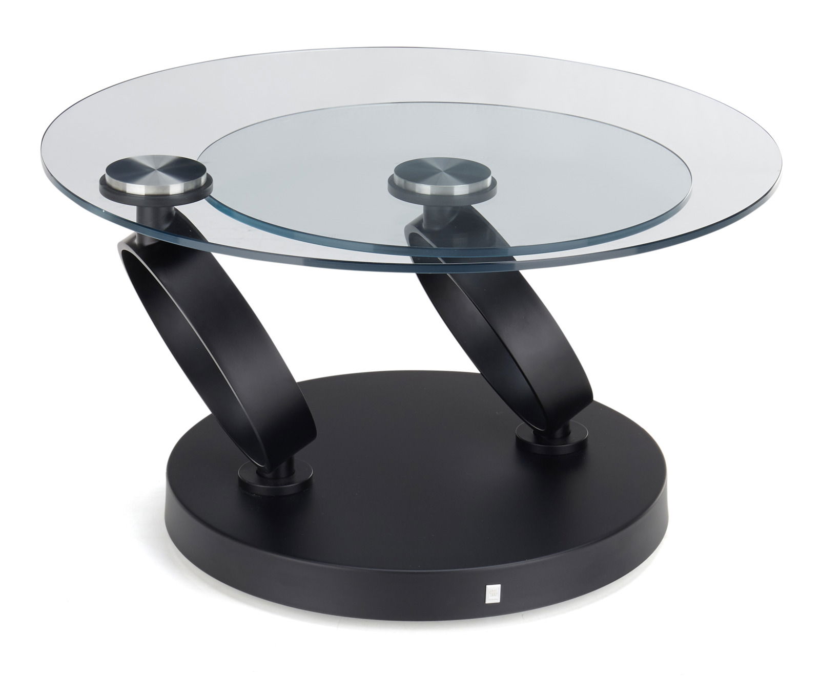 Moderner Couchtisch mit rundem Glasplatte und schwarzem Metallgestell, seitliche Perspektive