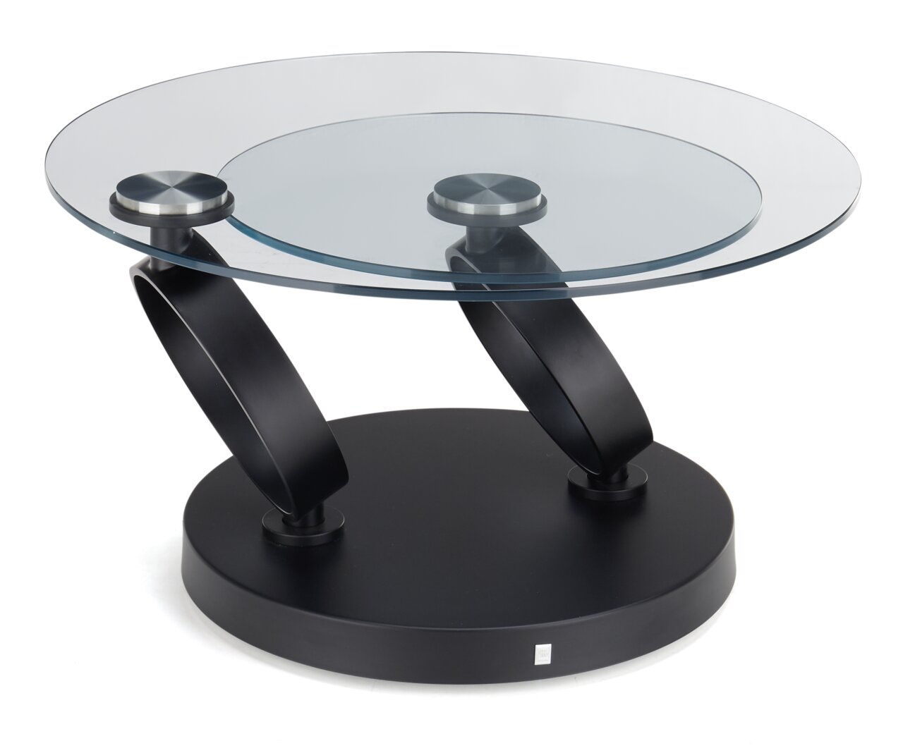 Moderner Couchtisch mit rundem Glasplatte und schwarzem Metallgestell, seitliche Perspektive