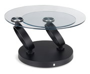 Moderner Couchtisch mit rundem Glasplatte und schwarzem Metallgestell, seitliche Perspektive