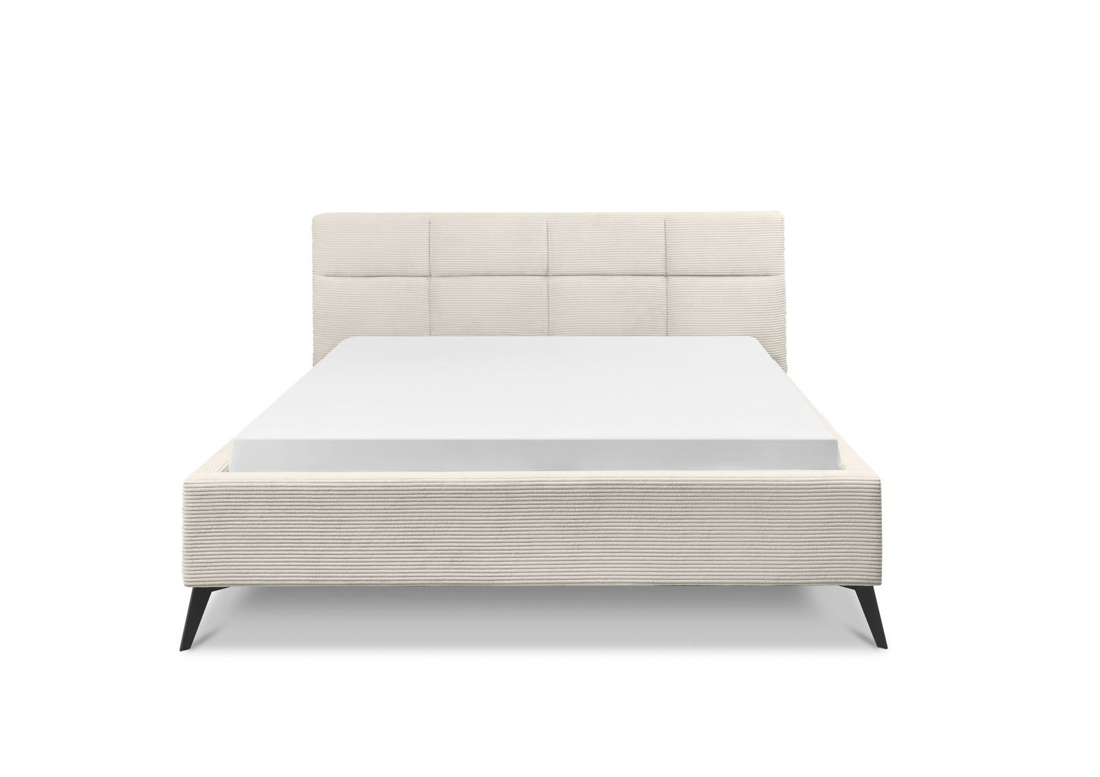 Frontale Ansicht eines modernen Polsterbetts mit hellem Stoffbezug und schwarzen Beinen.