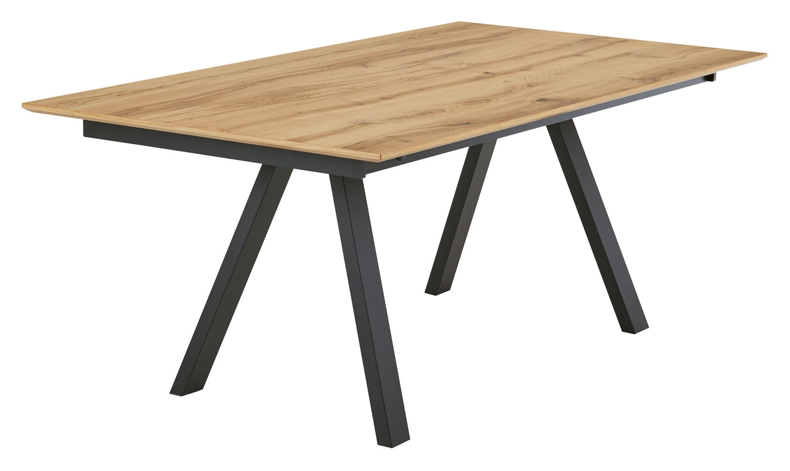 Moderner Esstisch mit Holzplatte und schwarzen Metallbeinen, seitliche Perspektive