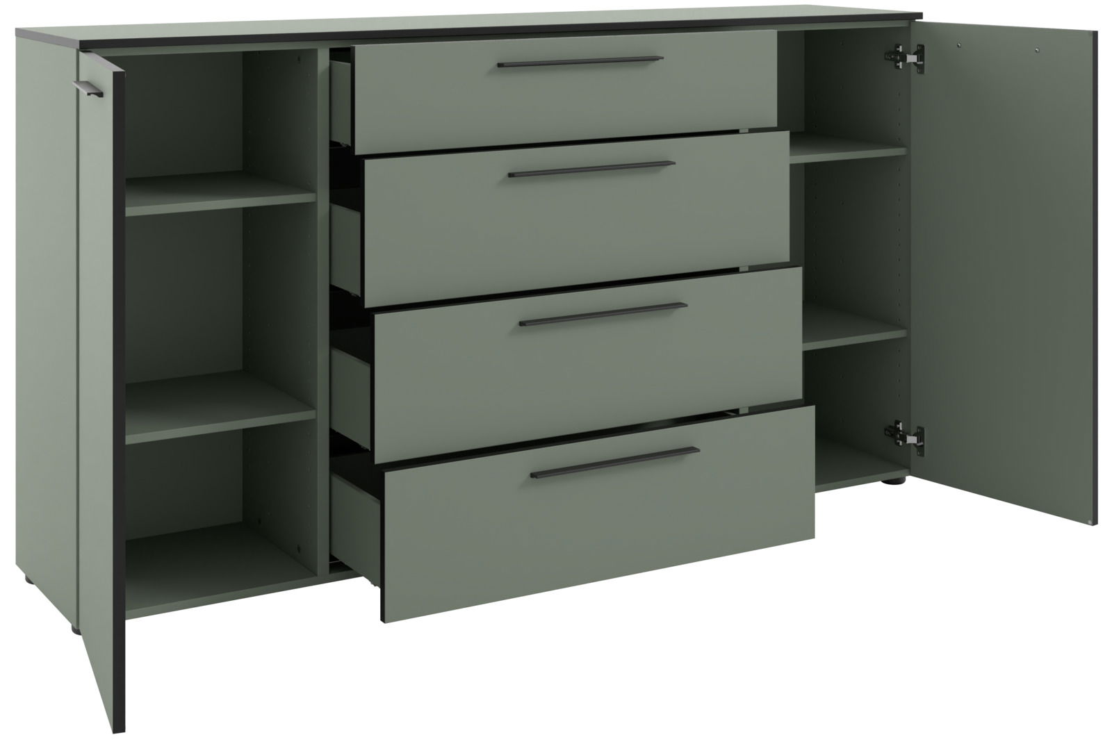 XL-Sideboard in grauer Farbe mit offenen Schubladen und Türen, seitliche Perspektive