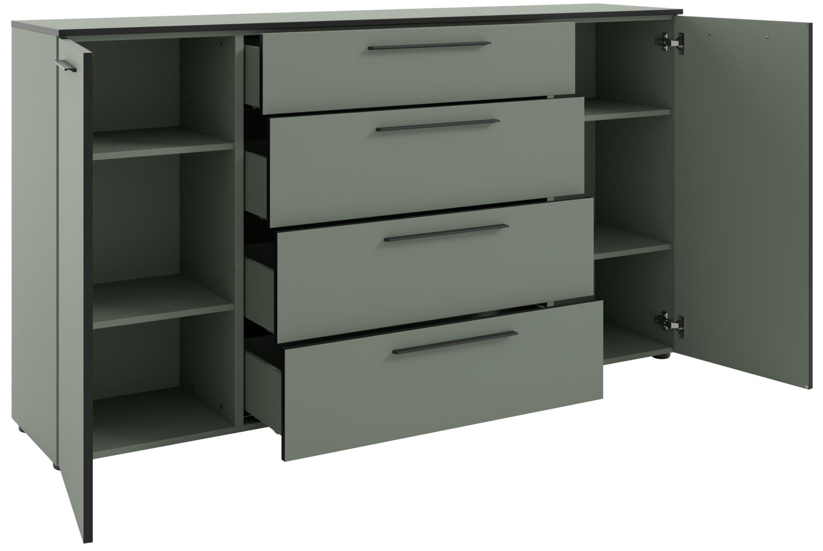 XL-Sideboard in grauer Farbe mit offenen Schubladen und Türen, seitliche Perspektive