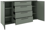 XL-Sideboard in grauer Farbe mit offenen Schubladen und Türen, seitliche Perspektive