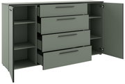XL-Sideboard in grauer Farbe mit offenen Schubladen und Türen, seitliche Perspektive