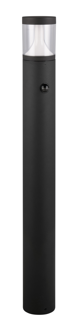 Schwarze LED-Außen-Bodenleuchte in zylindrischer Form, frontal abgebildet