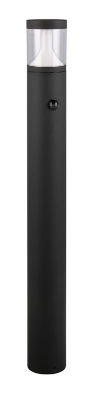 Schwarze LED-Außen-Bodenleuchte in zylindrischer Form, frontal abgebildet