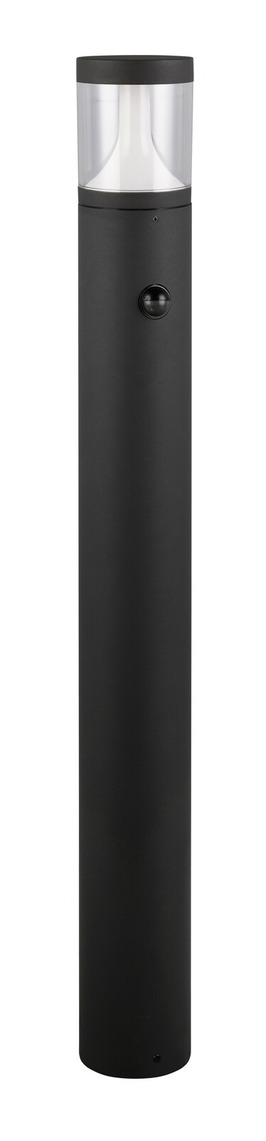 Schwarze LED-Außen-Bodenleuchte in zylindrischer Form, frontal abgebildet