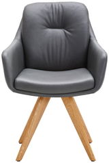 Grauer Armlehnstuhl mit Holzbeinen, Vorderansicht