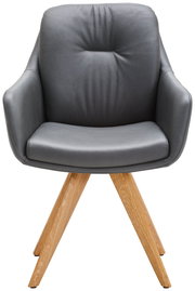 Grauer Armlehnstuhl mit Holzbeinen, Vorderansicht