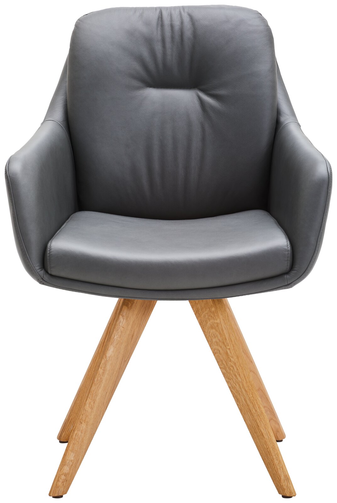 Grauer Armlehnstuhl mit Holzbeinen, Vorderansicht