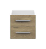 Frontansicht eines schmalen Schubladen-Sets mit zwei Holzschubladen und modernen Griffen.