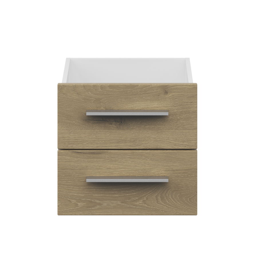 Frontansicht eines schmalen Schubladen-Sets mit zwei Holzschubladen und modernen Griffen.