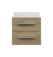 Frontansicht eines schmalen Schubladen-Sets mit zwei Holzschubladen und modernen Griffen.