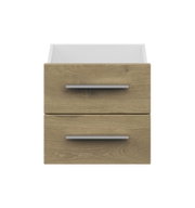 Vooraanzicht van een smalle ladekast met twee houten lades en moderne handgrepen.