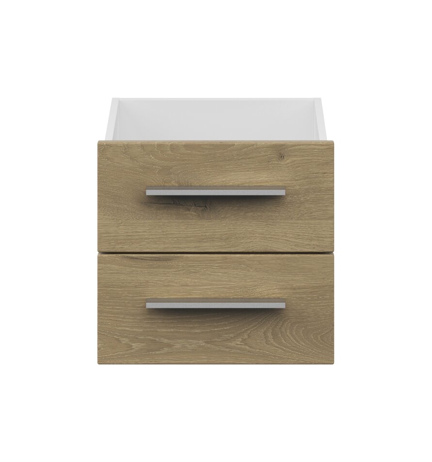 Vooraanzicht van een smalle ladekast met twee houten lades en moderne handgrepen.