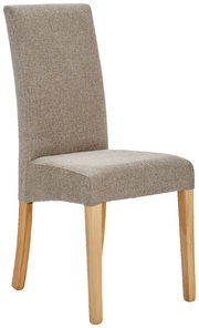 Moderner Stuhl mit beige gepolstertem Sitz und Rückenlehne, Holzbeine, seitliche Perspektive