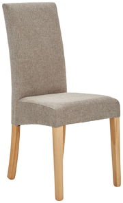 Moderner Stuhl mit beige gepolstertem Sitz und Rückenlehne, Holzbeine, seitliche Perspektive