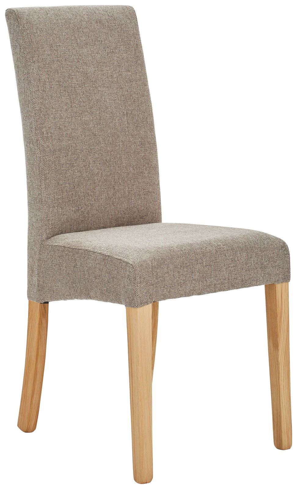 Moderner Stuhl mit beige gepolstertem Sitz und Rückenlehne, Holzbeine, seitliche Perspektive