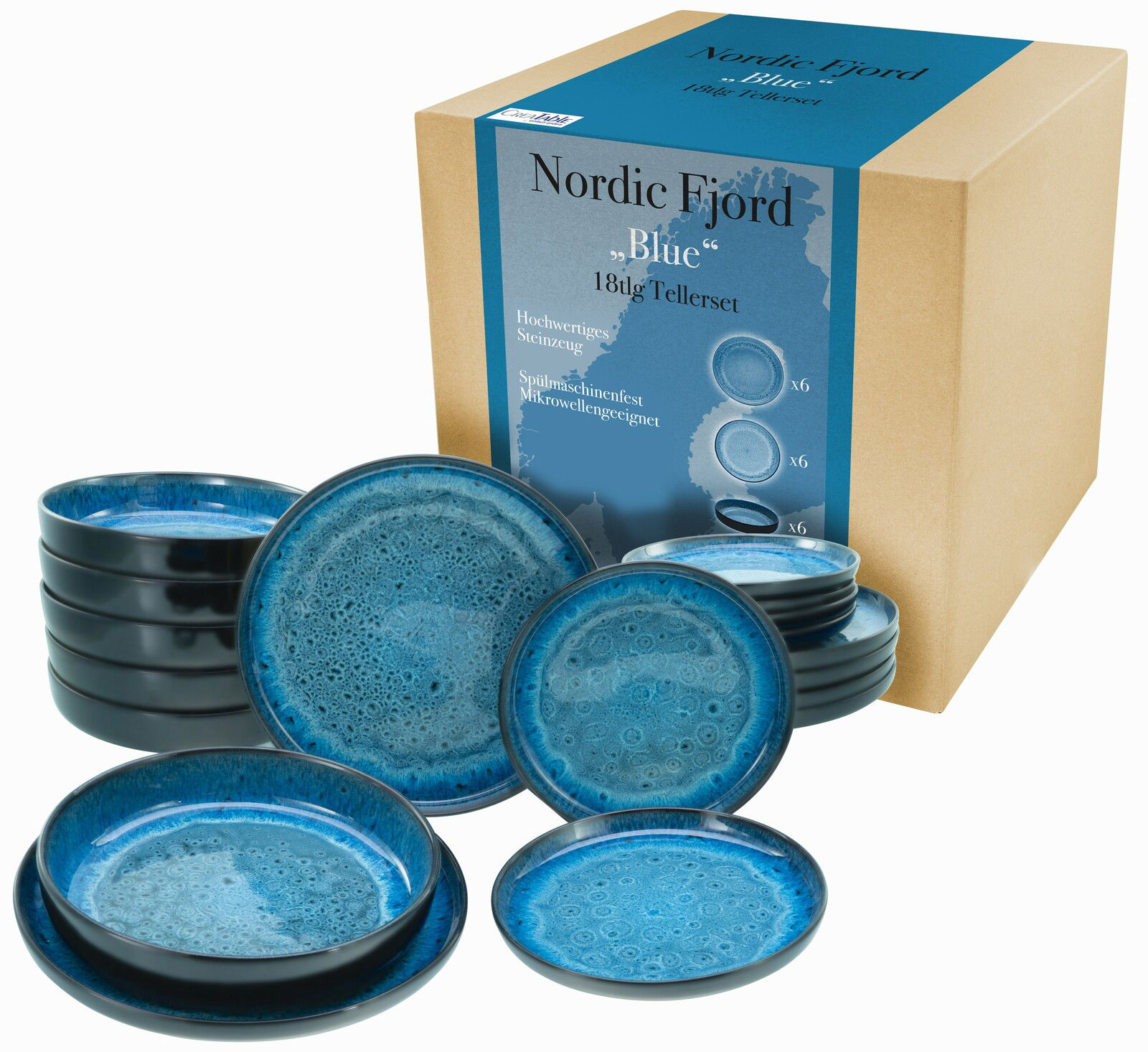 Creatable Tellerset 18-tlg. Blue NORDIC FJORD Perspektivische Ansicht eines 18-teiligen Tellersets in Blau, bestehend aus hochwertigen Steingut-Tellern mit einzigartigem Muster, präsentiert vor der Verpackung.