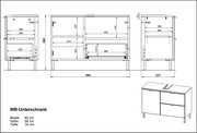 Technische Zeichnung eines Unterschranks mit den Maßen 80 cm Breite, 56 cm Höhe und 34 cm Tiefe, Frontansicht und Seitenansicht.