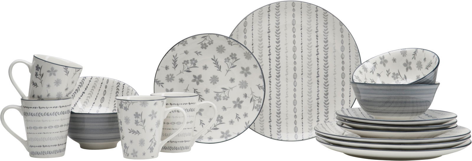 Kombiset 16-teilig Sendai mit floralem und gestreiftem Muster, bestehend aus Tassen, Schalen und Tellern, seitliche Perspektive