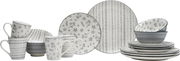 Kombiset 16-teilig Sendai mit floralem und gestreiftem Muster, bestehend aus Tassen, Schalen und Tellern, seitliche Perspektive