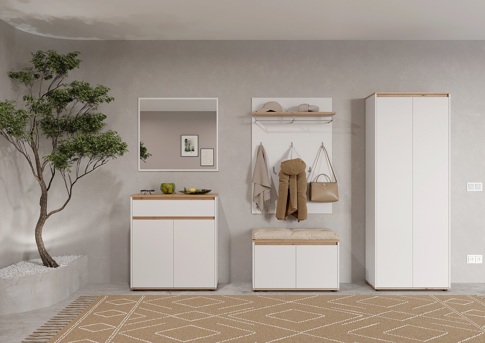 Modernes Flur-Set in Weiß mit Holzdetails: Schuhschrank mit Spiegel, Garderobenpaneel mit Haken und Ablage sowie Sitzbank und hoher Schrank, frontal aus Augenhöhe fotografiert.