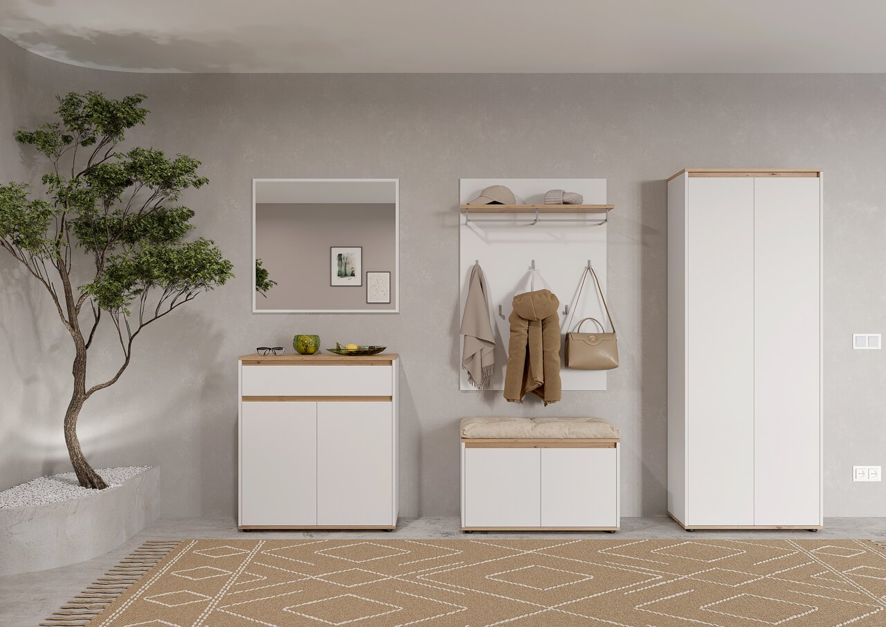 Modernes Flur-Set in Weiß mit Holzdetails: Schuhschrank mit Spiegel, Garderobenpaneel mit Haken und Ablage sowie Sitzbank und hoher Schrank, frontal aus Augenhöhe fotografiert.