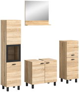 Badkombination BOSTON in Holzoptik mit Spiegel, bestehend aus hohem Schrank, Waschbeckenunterschrank und zusätzlichem Schrank, frontal abgebildet.