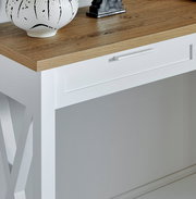 Weiße Konsole mit Holzplatte, seitliche Perspektive