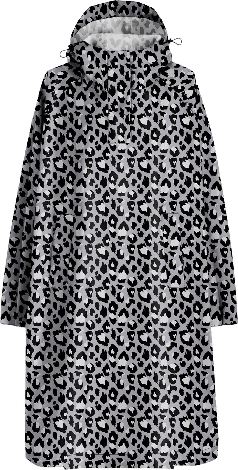 Grau-schwarzer Regenponcho mit Leopardenmuster, Kapuze mit Kordelzug und seitlichen Taschen, frontal von vorn freigestellt dargestellt