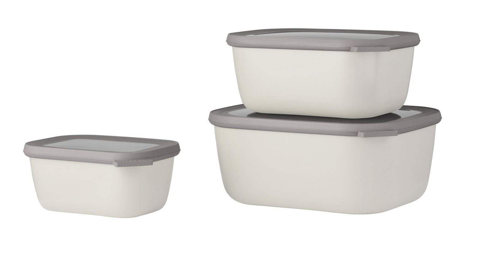 Mepal Vorratsdosen 3-tlg. CIRQULA Drei rechteckige, stapelbare Aufbewahrungsboxen mit grauen Deckeln, seitliche Perspektive