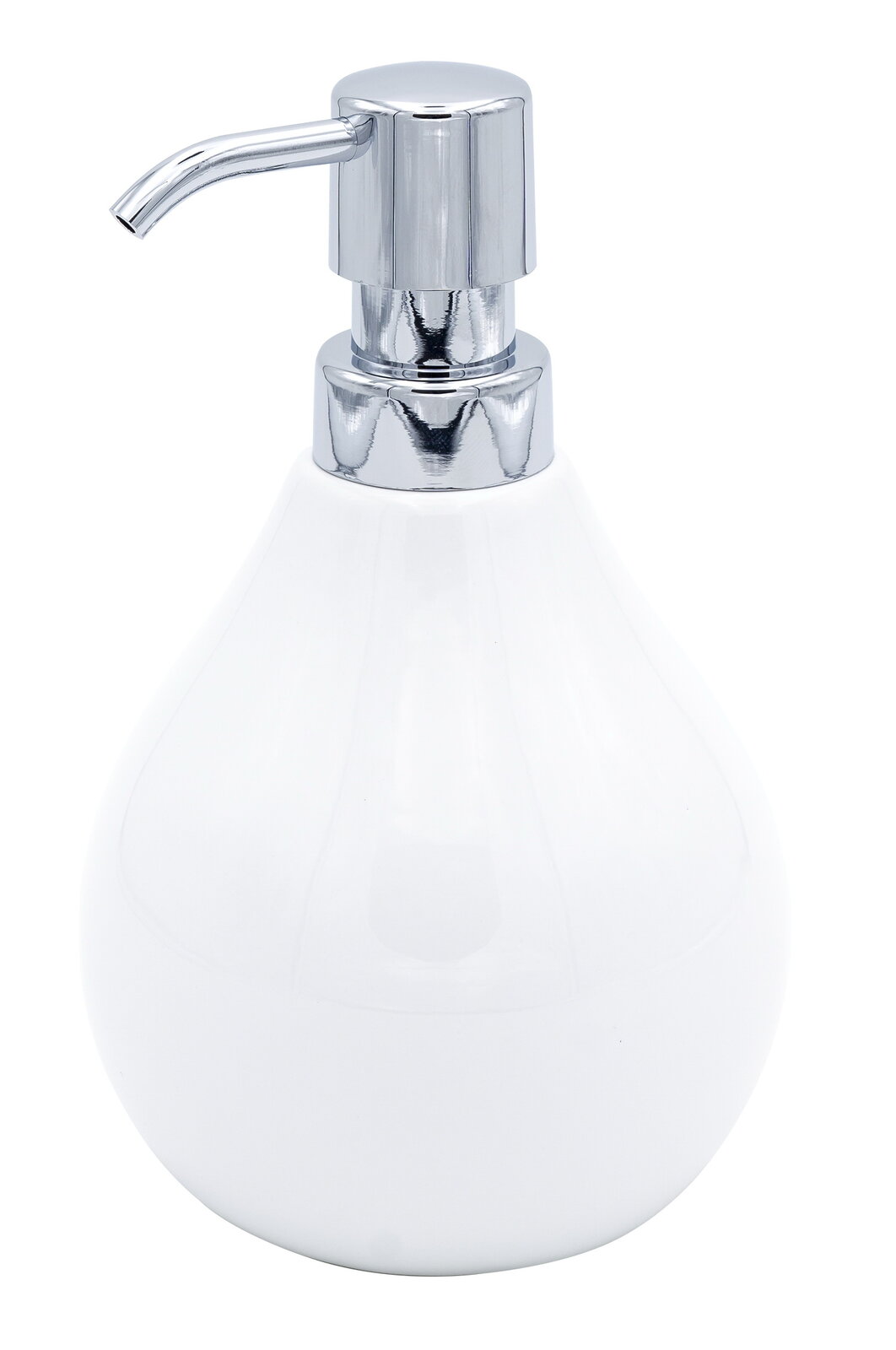 Weißer Seifenspender Coppalino mit glänzendem Chrom-Pumpkopf, frontal abgebildet.