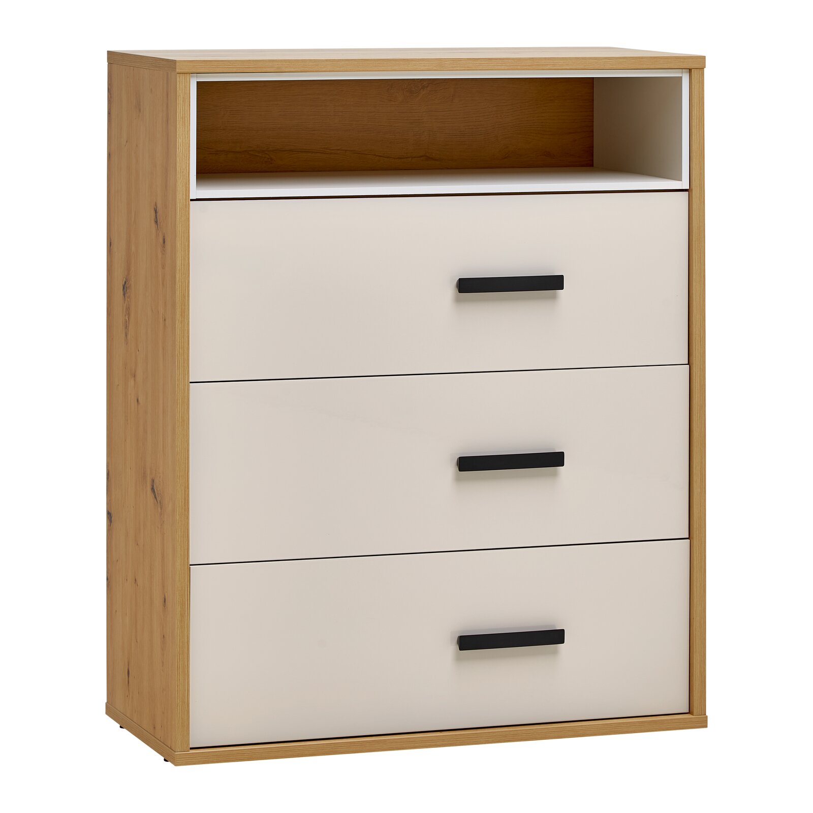 XORA Kommode CASA MIA Kommode mit drei Schubladen und offenem Fach, Holzoptik mit weißen Fronten, seitliche Perspektive